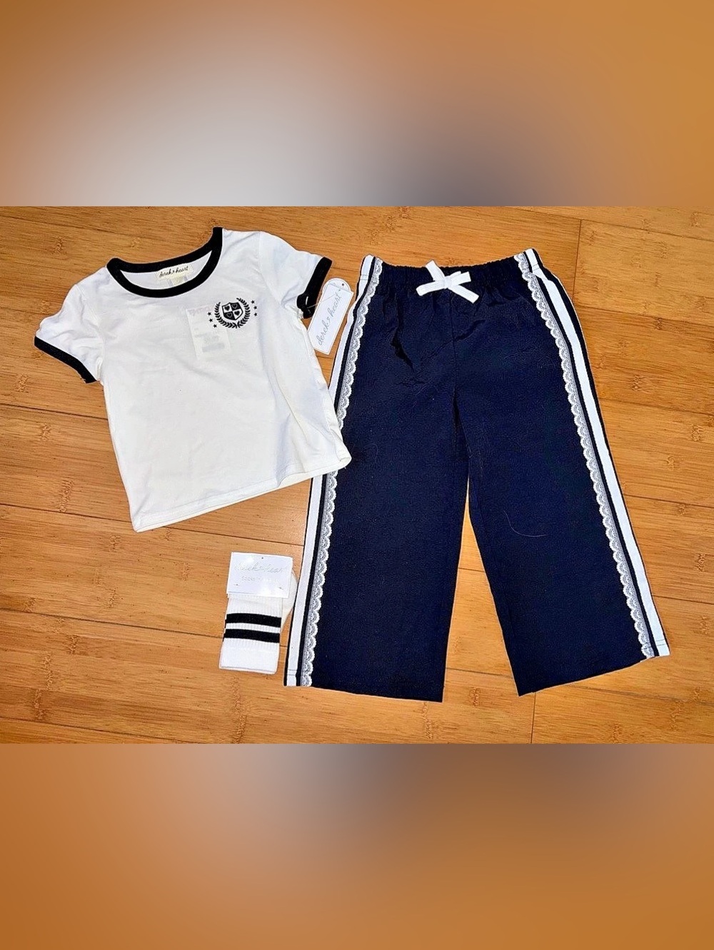 NWT Girl’s Size 4T Outfit - Tee Top & Warm Up Track Pants & Tube Socks Set